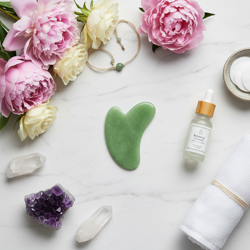 Jade gua sha flat lay with wellness elements