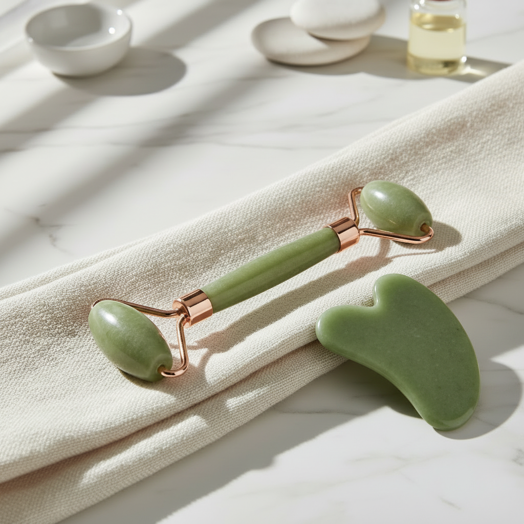 Professional jade roller and gua sha set on spa background